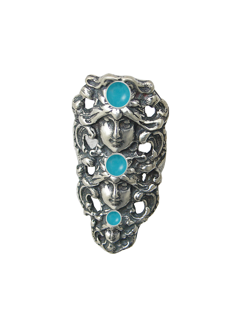 Sterling Silver Triple Goddess Ring With Turquoise Size 9